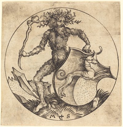 Dziki mężczyzna trzymający tarczę z chartem autorstwa Martin Schongauer