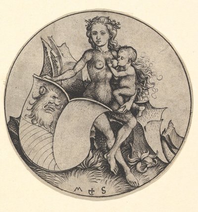 Dzika kobieta trzymająca tarczę z głową lwa, ca. 1435-1491. autorstwa Martin Schongauer