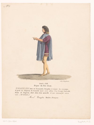 Kostuum van de dauphin Karel van Valois uit de tragedie Marcel Karol, książę Normandii (tytuł na obiekcie) Teatrokostuum (tytuł serii) Teatr Francuski: kolekcja kostiumów MM. J. Alaux i L. Duponchel z rysunków rękopisów w Bibliot autorstwa Martin Sylvestre Baptiste