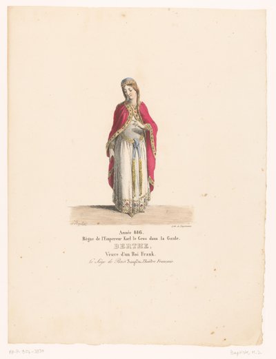 Kostuum van koningin Berthe uit de tragedie Oblężenie Paryża Berthe (tytuł na obiekcie) Teatrokostuum (tytuł serii) Teatr Francuski: kolekcja kostiumów MM. J. Alaux i L. Duponchel na podstawie rysunków rękopisów z Bibliothèque de la Comédie- autorstwa Martin Sylvestre Baptiste