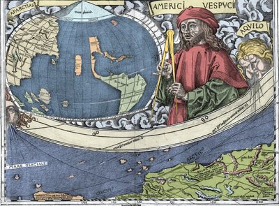 VESPUCCI, Amerigo (1454-1512). Włoski odkrywca i kartografia w „Mapie Waldseemullera lub Universalis Cosmographia - (Universal Cosmography) - Waldseemuller Planisphere” - 1507 - autorstwa Martin Waldseemuller