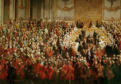 Uroczysta kolacja z okazji ślubu księcia Józefa i księżniczki Izabeli Parmeńskiej w pałacu Schoenbrunn w Wiedniu, w ... autorstwa Martin van Mytens or Meytens