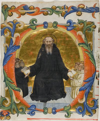 Św. Benedykt przedstawia swoją Regułę mnichom benedyktynom i cystersom w historycznym inicjale „O” z chóru autorstwa Martino di Bartolomeo di Biagio