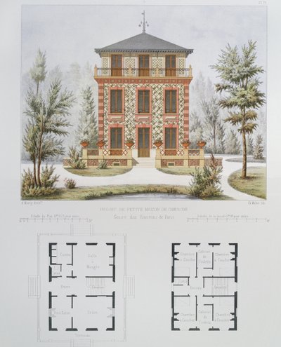 Projekt małej wiejskiej rezydencji pod Paryżem, sztychowana przez Waltera, tablica 18 z Architecture Pittoresque et Moderne autorstwa Marty