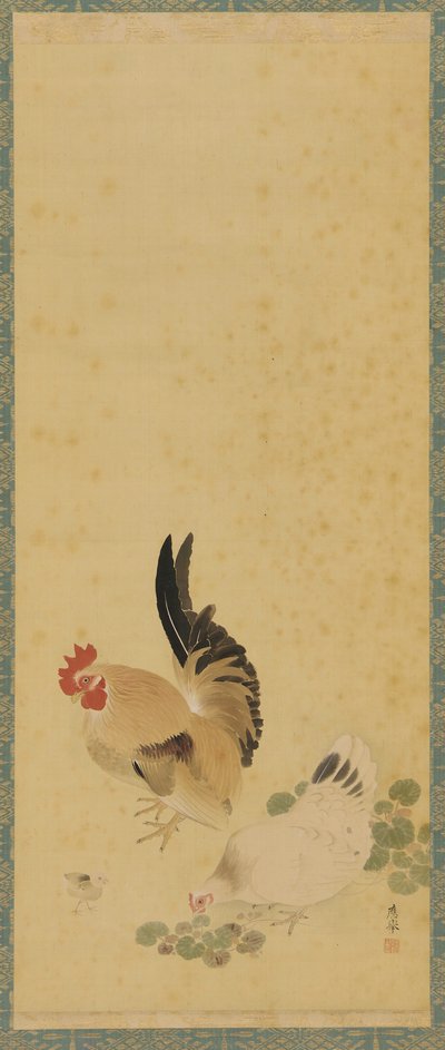 Kogut, kura i pisklę, okres Edo, XVIII wiek. autorstwa Maruyama Okyo