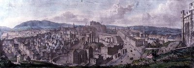 Widok ze szczytu Calton Hill przy pomniku Nelsona Patrząc na zachód, grawerowany przez Williama Westalla (1781-1850) i drukowany przez Charlesa Josepha Hullmandela (1789-1850) 1828 (kolorowy grawerunek) autorstwa Mary (after) Stuart