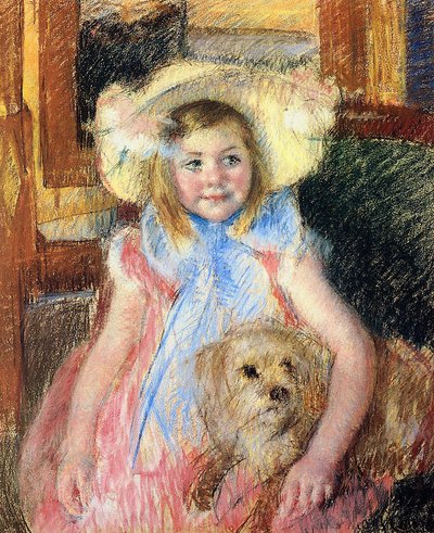 Sara w dużym kwiecistym kapeluszu, patrząca w prawo, trzymająca psa, ok. 1901 (pastel na papierze) autorstwa Mary Cassatt