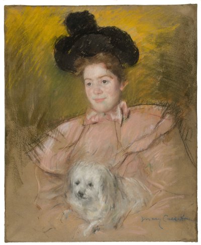 Kobieta w malinowym stroju trzymająca psa, ok. 1930 r. 1901. autorstwa Mary Cassatt