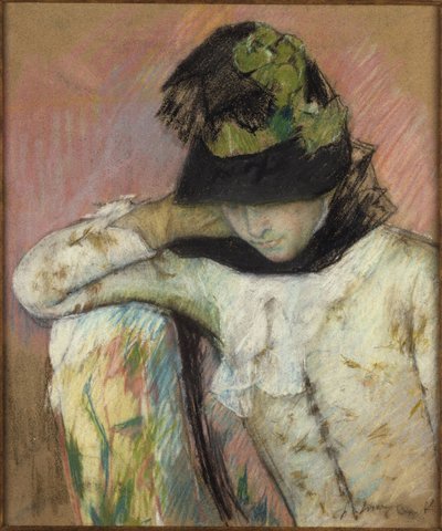 Młoda kobieta w czarnym i zielonym czepku, spoglądająca w dół autorstwa Mary Cassatt