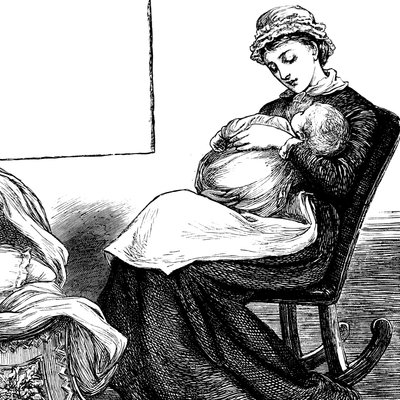Matka przytulająca dziecko siedząca na bujanym fotelu autorstwa Mary Ellen Edwards
