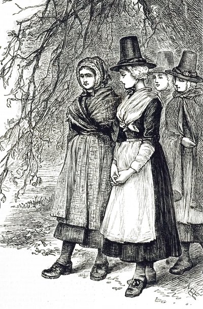 Rycina przedstawiająca walijskie dziewczęta na targach Hollantide, targach pracy, które czekają na zaręczyny jako pomoc domowa. Ilustrowana przez Mary Ellen Edwards (1838-1934) angielską artystkę i ilustratorkę książek dla dzieci autorstwa Mary Ellen Edwards