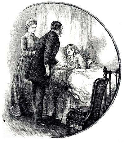 Rycina przedstawiająca lekarza odwiedzającego swojego małego pacjenta w domu. Ilustrowane przez Mary Ellen Edwards (1838-1934), angielską artystkę i płodną ilustratorkę książek dla dzieci autorstwa Mary Ellen Edwards