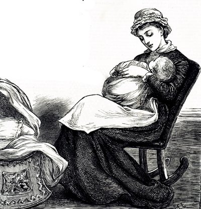 Grawerunek przedstawiający matkę kołyszącą dziecko. Ilustrowana Mary Ellen Edwards (1838-1934) angielska artystka i płodna ilustratorka książek dla dzieci autorstwa Mary Ellen Edwards