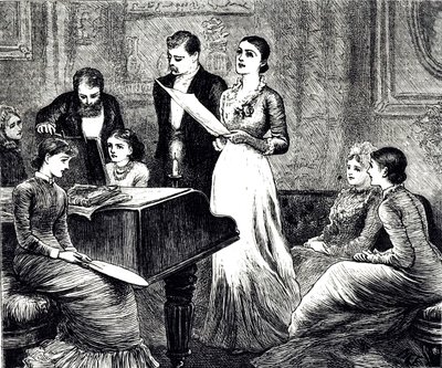 Rycina przedstawiająca wieczór muzyczny. Ilustrowana przez Mary Ellen Edwards (1838-1934) angielską artystkę i ilustratorkę książek dla dzieci autorstwa Mary Ellen Edwards