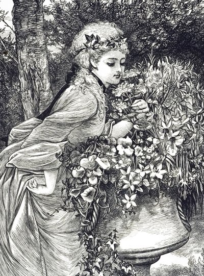 Rycina przedstawiająca młodą dziewczynę wąchającą kwiaty w ogrodowej urnie. Ilustrowana przez Mary Ellen Edwards (1838-1934) angielską artystkę i ilustratorkę książek dla dzieci autorstwa Mary Ellen Edwards