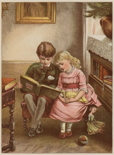 Chłopiec i dziewczynka czyta książkę (chromolitho) autorstwa Mary Ellen Edwards