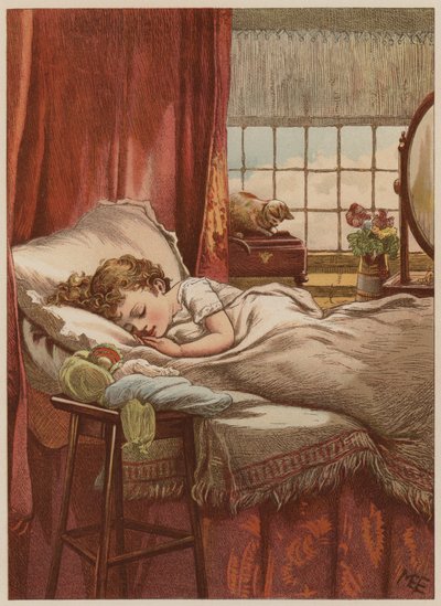 Dziecko śpiące w łóżku (chromolitho) autorstwa Mary Ellen Edwards