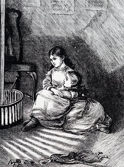 Dzieci siedzące przy kominku autorstwa Mary Ellen Edwards