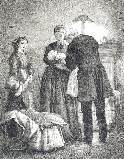 Grawerunek przedstawiający lekarza badającego dziecko z odrą autorstwa Mary Ellen Edwards
