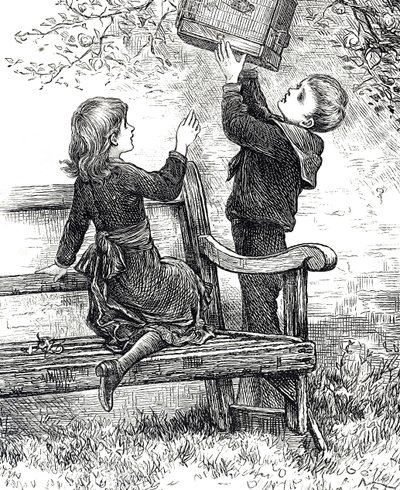 Grawerowanie przedstawiające dzieci z ich wróblem w klatce autorstwa Mary Ellen Edwards