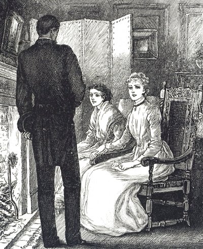 Grawer przedstawiający dwie kobiety ogrzewające się przy kominku autorstwa Mary Ellen Edwards