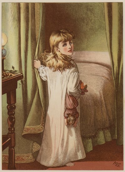Dziewczyna kładzie się do łóżka (chromolitho) autorstwa Mary Ellen Edwards