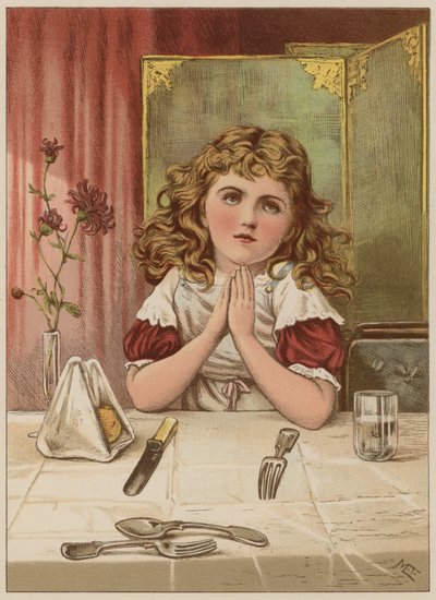 Dziewczyna odmawiająca łaskę przed posiłkiem (chromolitho) autorstwa Mary Ellen Edwards