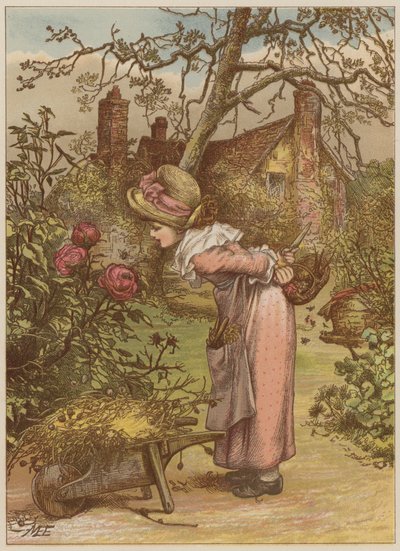 Dziewczyna obserwująca pszczołę w ogrodzie (chromolitho) autorstwa Mary Ellen Edwards