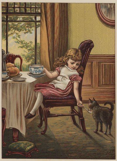 Dziewczyna z czarnym kotem (chromolitho) autorstwa Mary Ellen Edwards