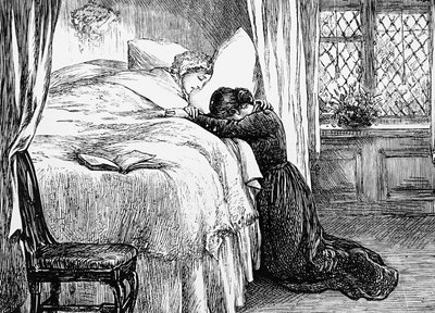 Ilustracja przedstawiająca córkę płaczącą przy łożu śmierci matki autorstwa Mary Ellen Edwards