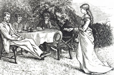 Ilustracja przedstawiająca rodzinę spożywającą śniadanie w ogrodzie autorstwa Mary Ellen Edwards
