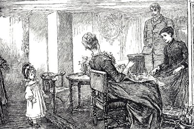 Ilustracja przedstawiająca małą dziewczynkę pod opieką ciotek i wujka na popołudnie autorstwa Mary Ellen Edwards