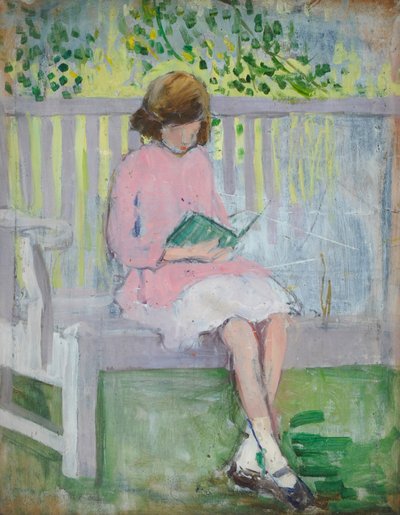 Dziewczyna czytająca (olej na drewnie) autorstwa Mary Ethel Hunter