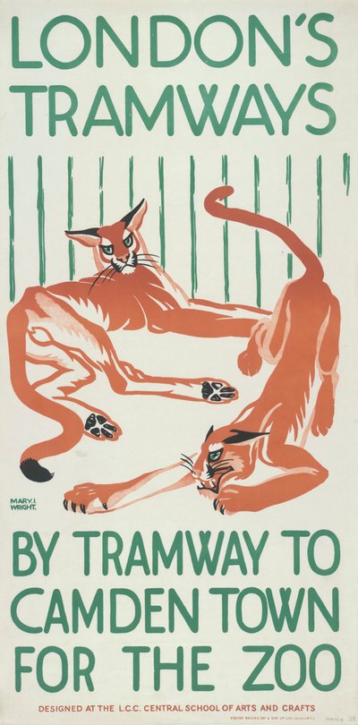 „Tramwajem do Camden Town do zoo”, plakat LCC Tramways Rady Hrabstwa Londynu, 1924 autorstwa Mary I Wright