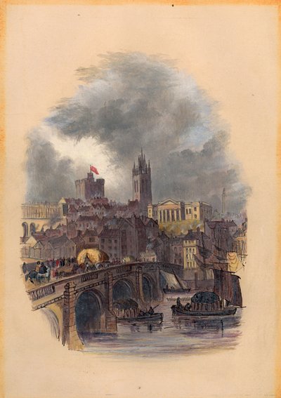 Most Old Tyne, Sala Moot, Katedra św. Mikołaja i zamek (atrament i toaleta na papierze) autorstwa Mary Jane Hancock