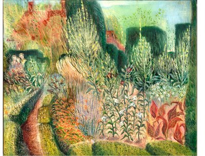 Great Dixter: Topiary i ścieżki, 2003 (olej na płycie) autorstwa Mary Kuper