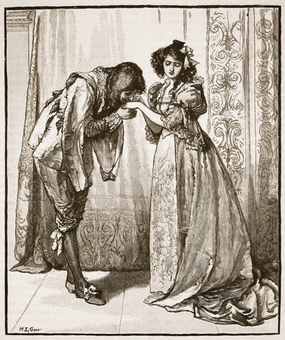 Pożegnanie księcia Karola z infantką, ilustracja z „Ilustrowanej historii Anglii Cassella” (zdjęcie w sepii) autorstwa Mary L. Gow