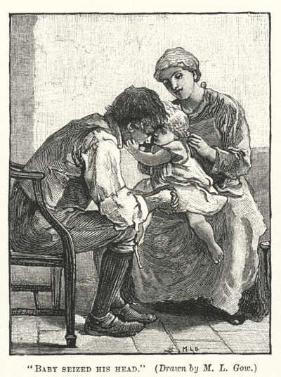 Silas Marner - Dziecko chwyciło się za głowę (grawerunek) autorstwa Mary L. Gow