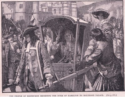 Mieszkańcy Edynburga eskortujący księcia Hamiltona do Pałacu Holyrood AD 1706 r. autorstwa Mary L. Gow