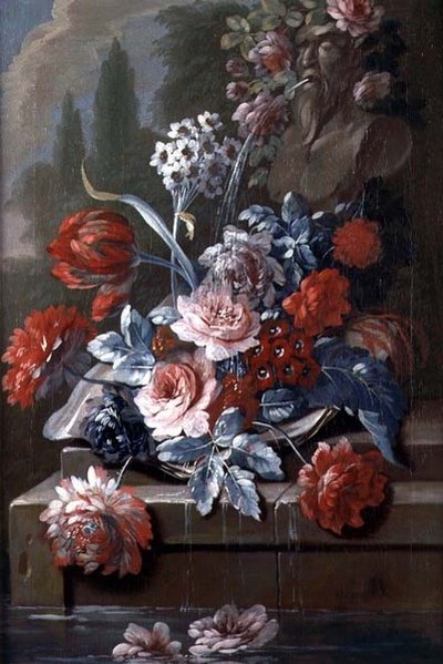 Martwa natura z kwiatów przy fontannie (olej na płótnie) (para 121413) autorstwa Mary Moser