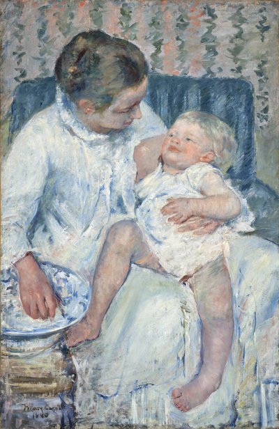 Matka ma zamiar umyć swoje śpiące dziecko autorstwa Mary Stevenson Cassatt