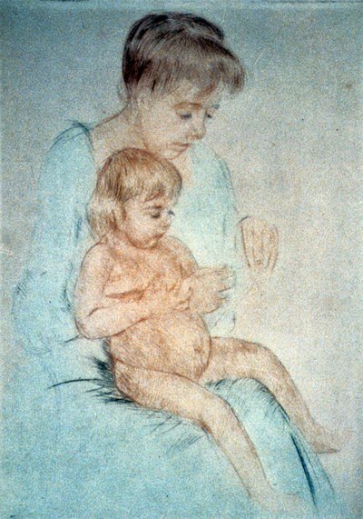 Kobieta trzymająca małe nagie dziecko na kolanach podczas manikiurowania paznokci, ok. 1904 r. Pastel. Mary Cassatt (1844-1926) amerykańska malarka i rytowniczka, która od 1866 mieszkała głównie we Francji. Domowa matka dziecka autorstwa Mary Stevenson Cassatt