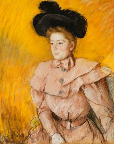 Kobieta w czarnym kapeluszu i stroju malinoworóżowym, ok.1899 r. autorstwa Mary Cassatt