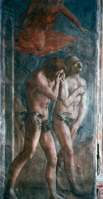 „Adam i Ewa wygnani z raju”, detal, przedrestauracja, ok. 1427. autorstwa Masaccio Tommaso