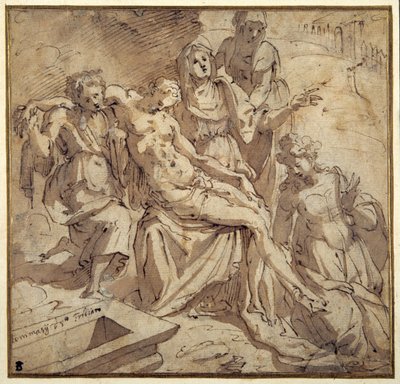 Pieta (pióro i brązowy tusz z brązowym rozmyciem na białym papierze) autorstwa Maso da San Friano