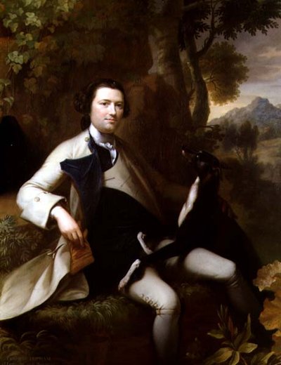 Francis Popham (zm.1780) siedzący w leśnym krajobrazie ze swoim chartem (olej na płótnie) autorstwa Mason Chamberlain