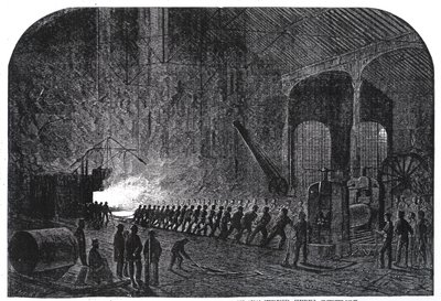 Proces toczenia płyt pancernych dla okrętów Jej Królewskiej Mości w hucie Alas w Sheffield, ilustracja z „The Illustrated London News”, 14 września 1861 autorstwa Mason Jackson