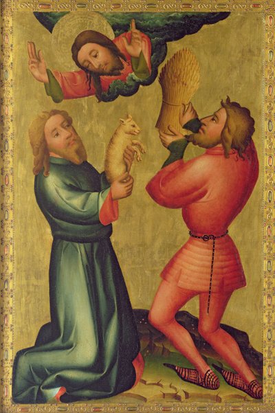 Ofiarowanie Kaina i Abla z ołtarza św. Piotra w Hamburgu, Ołtarz Grabarza, 1383 (tempera na płótnie) autorstwa Master Bertram of Minden