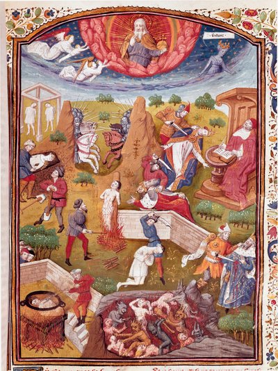 Wizja Boccace: scena tortur, powieszenia, masakry Miniatura zaczerpnięta z „Nieszczęsnych przypadków szlachetnych mężczyzn i kobiet” (De casibus) autorstwa Giovanniego Boccaccio dit Jean Boccace (1313-1375), włoskiego pisarza, przekład Laurent de Premierfa autorstwa Master Dunois