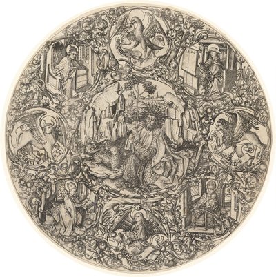 Św. Jan Chrzciciel na pustkowiu z Barankiem Bożym w otoczeniu symboli ewangelistów i czterech ojców Kościoła autorstwa Master E.S.